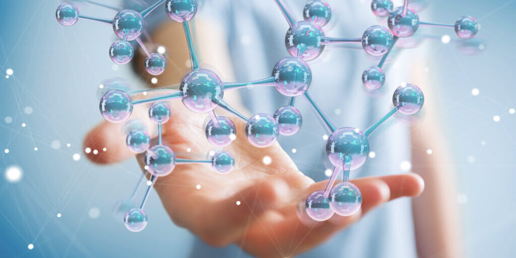 Businessman on blurred background using modern molecule structure 3D rendering
